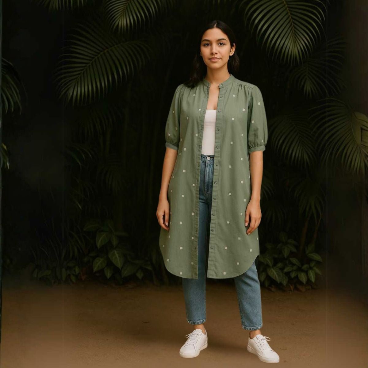 Willow Long Shirt in Jamdani Cotton Olive Green – Womens Jacket on Brown Living™. SKU: JDS6022-XS. Img 1.