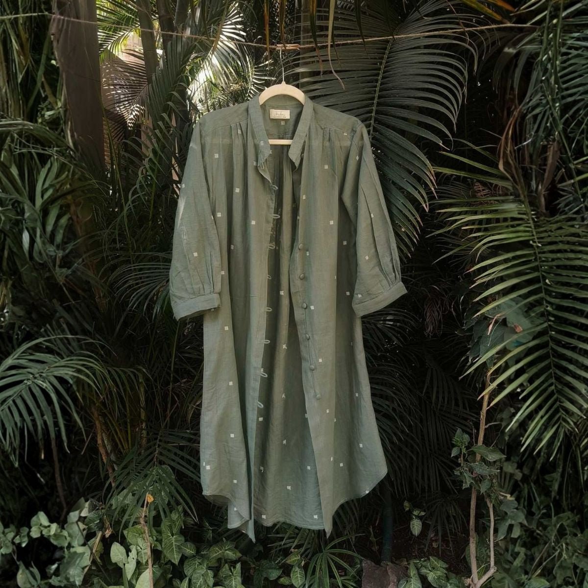 Willow Long Shirt in Jamdani Cotton Olive Green – Womens Jacket on Brown Living™. SKU: JDS6022-XS. Img 2.