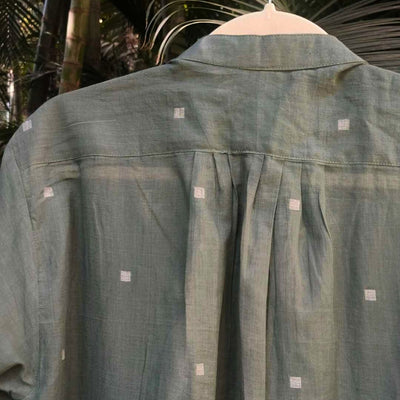 Willow Long Shirt in Jamdani Cotton Olive Green – Womens Jacket on Brown Living™. SKU: JDS6022-XS. Img 4.