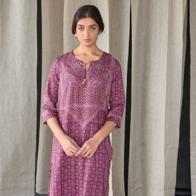 Wine Ajrakh Tencel Kurta Set | Verified Sustainable Womens Kurta on Brown Living™