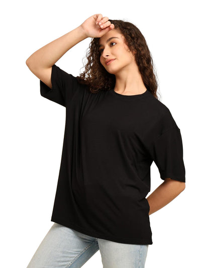 Women Oversized Bamboo Plain T-Shirt – Soft, Breathable & Sustainable – Womens T-Shirt on Brown Living™. SKU: W-PLAIN-OVERSIZ-BLK-M. Img 3.