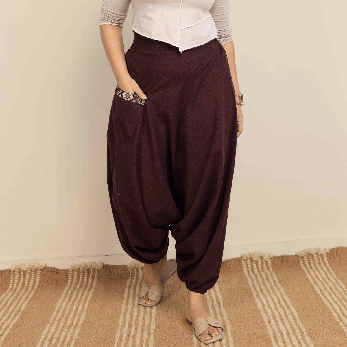 Women's Aladdin Harem Pants | Maroon – Womens Pants by Hope - House of Pure Eco available on Brown Living™. One Size . SKU: AL - HW - 14_M. Img 2.