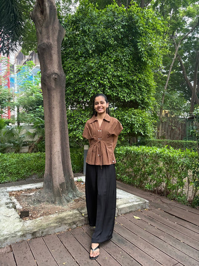 Women’s Brown Cinched Top | Casual Fitted Cotton Top – Womens Blouse on Brown Living™. SKU: TCC-SW25-16-XS. Img 5.
