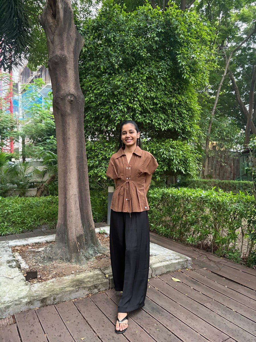 Women’s Brown Cinched Top | Casual Fitted Cotton Top – Womens Blouse on Brown Living™. SKU: TCC-SW25-16-XS. Img 5.