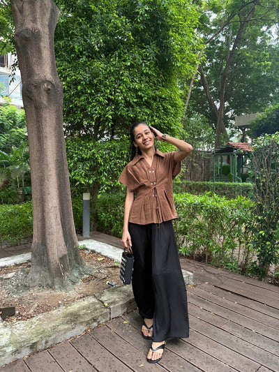 Women’s Brown Cinched Top | Casual Fitted Cotton Top – Womens Blouse on Brown Living™. SKU: TCC-SW25-16-XS. Img 1.