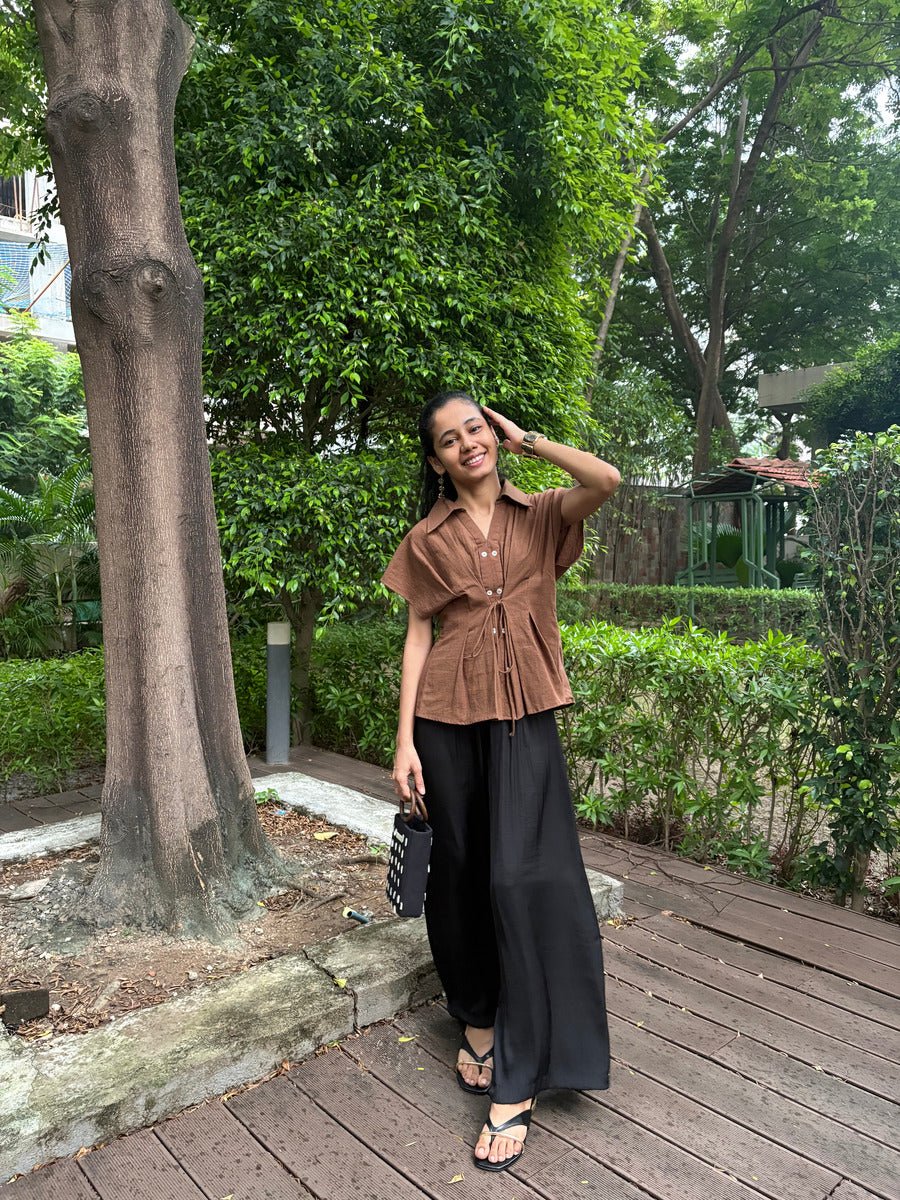 Women’s Brown Cinched Top | Casual Fitted Cotton Top – Womens Blouse on Brown Living™. SKU: TCC-SW25-16-XS. Img 1.