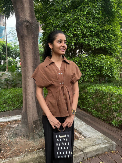 Women’s Brown Cinched Top | Casual Fitted Cotton Top – Womens Blouse on Brown Living™. SKU: TCC-SW25-16-XS. Img 3.