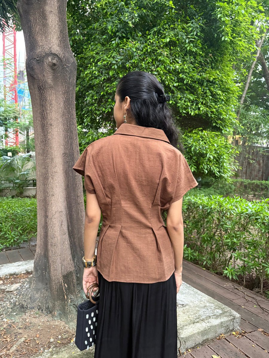 Women’s Brown Cinched Top | Casual Fitted Cotton Top – Womens Blouse on Brown Living™. SKU: TCC-SW25-16-XS. Img 2.