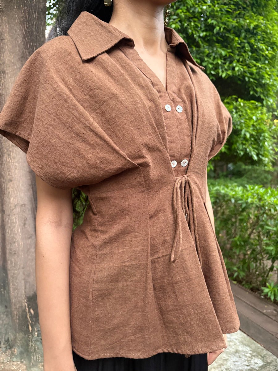 Women’s Brown Cinched Top | Casual Fitted Cotton Top – Womens Blouse on Brown Living™. SKU: TCC-SW25-16-XS. Img 4.