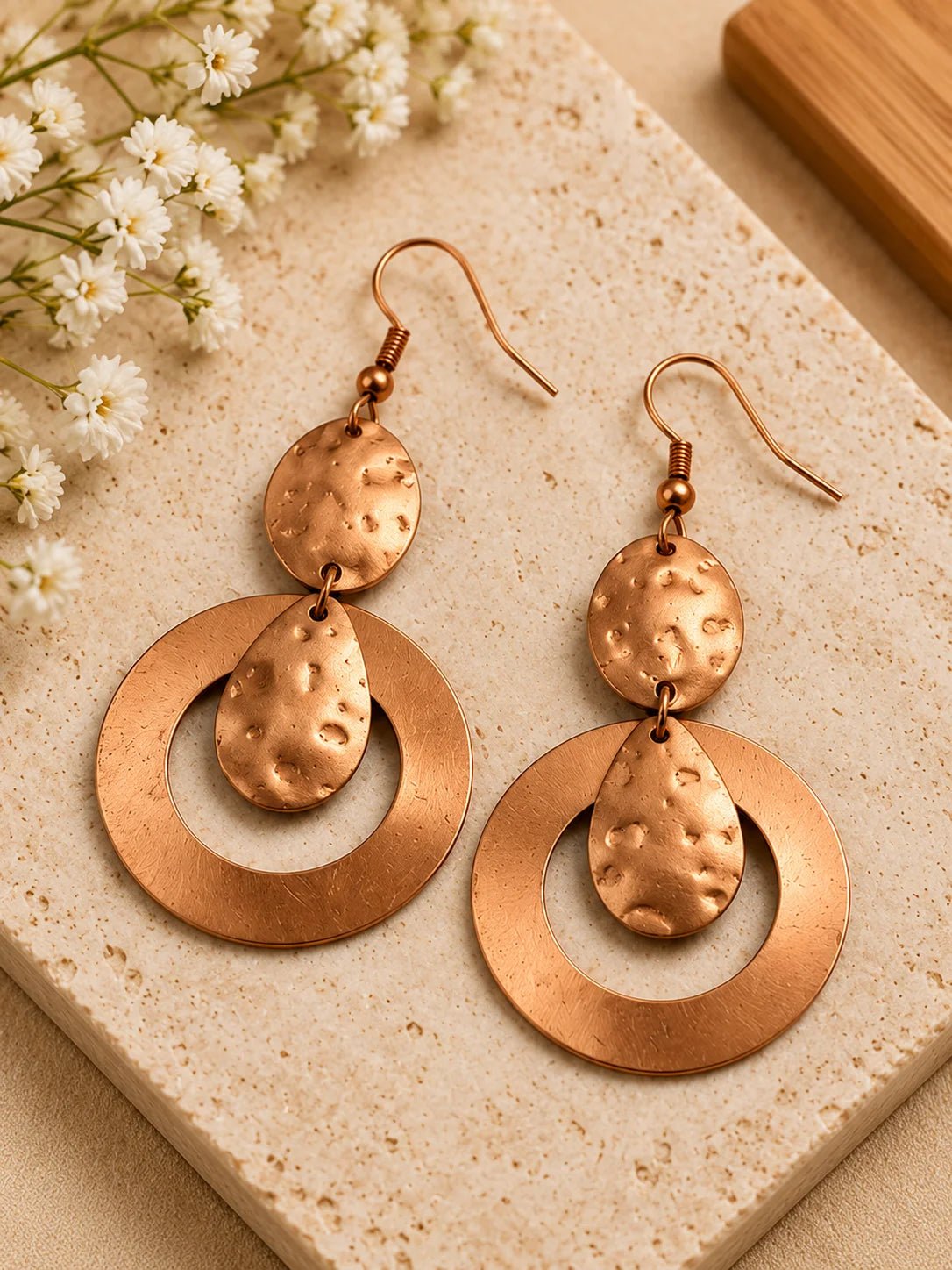 Women's Copper Earrings for Traditional and Everyday Wear – Womens Earrings on Brown Living™. SKU: DROP-ROUND-COPPER-EARRING. Img 3.