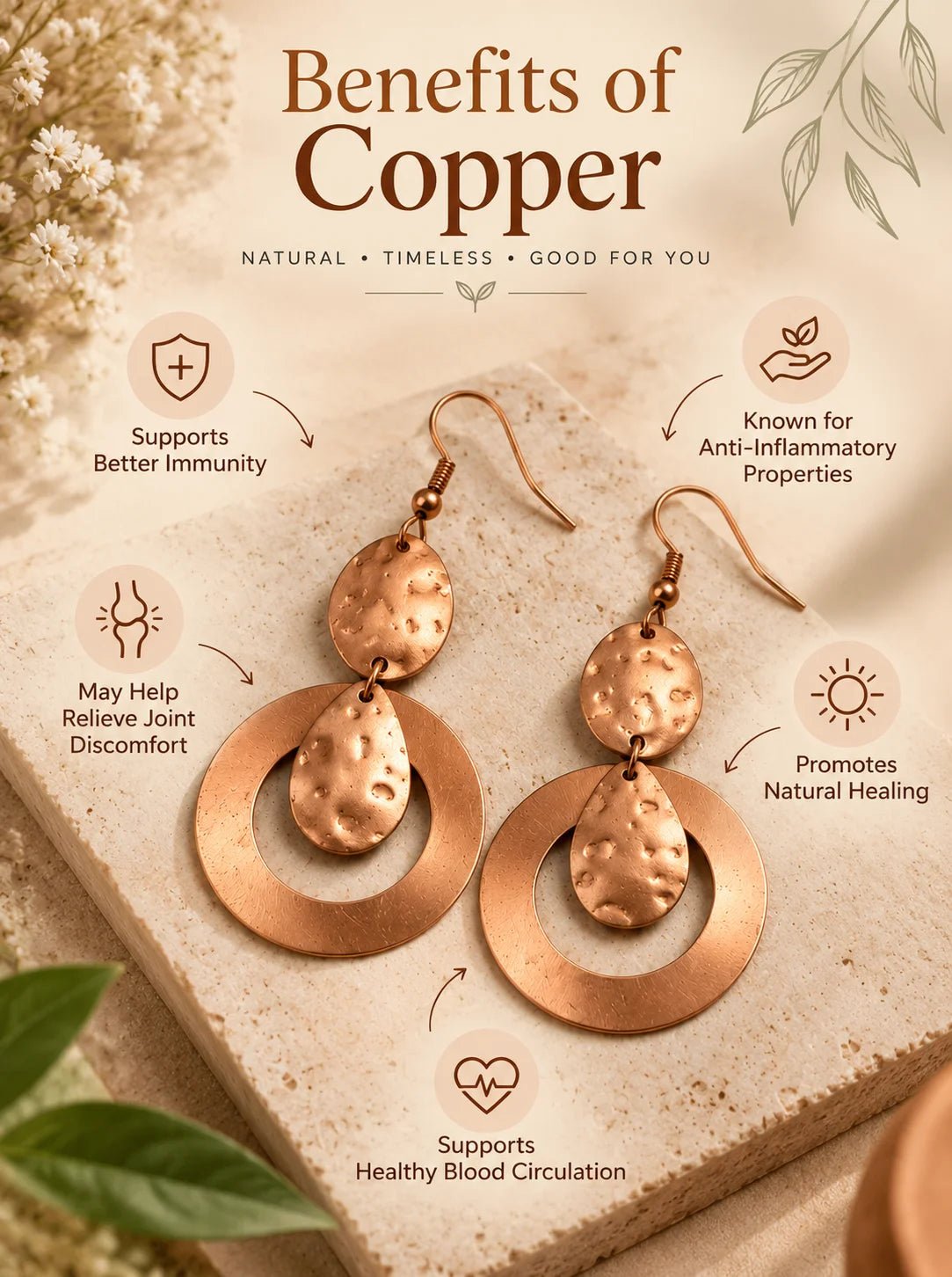 Women's Copper Earrings for Traditional and Everyday Wear – Womens Earrings on Brown Living™. SKU: DROP-ROUND-COPPER-EARRING. Img 1.