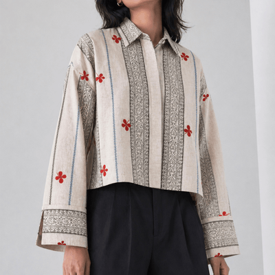Women’s Embroidered Shirt | Cotton Casual Top – Womens Shirt on Brown Living™. SKU: ER-ELARA-SH-S-01. Img 1.