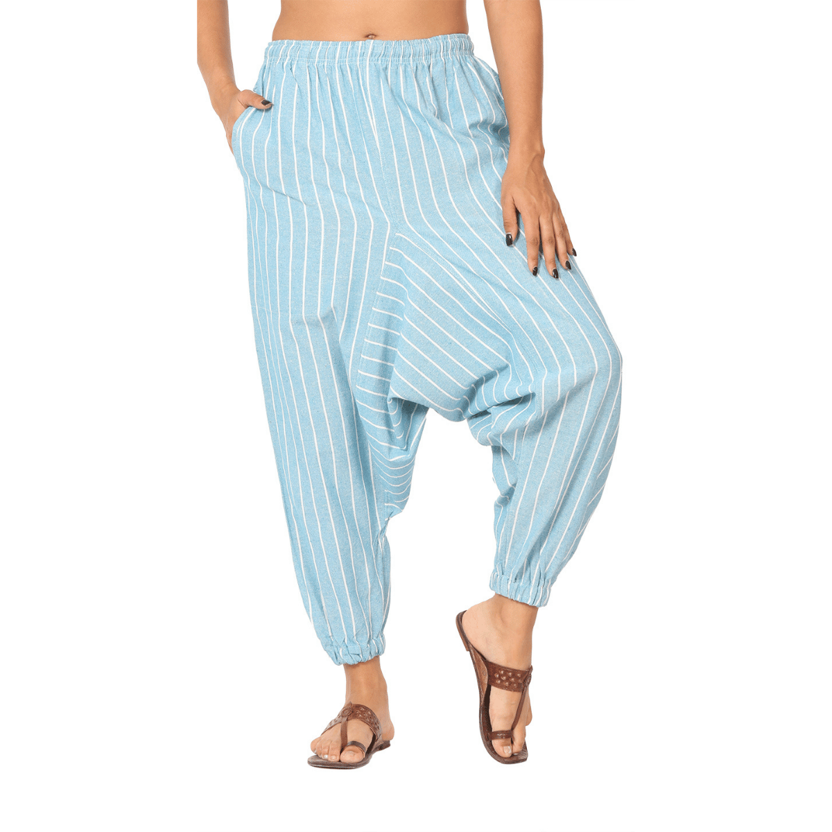Women's Harem Pant | Blue Stripes | Fits Waist Size 28" to 36" – Womens Pants by Hope - House of Pure Eco available on Brown Living™. . SKU: BT01026. Img 1.