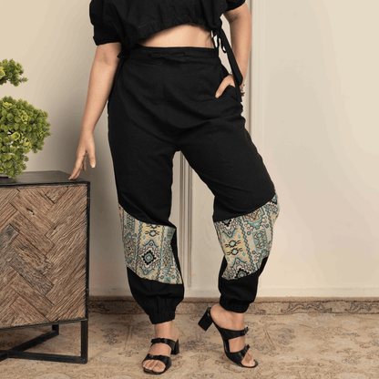 Women's Hopper Joggers | Black With Patterned Patch | Fits Waist Sizes 30 to 38 Inches – Womens Pants by Hope - House of Pure Eco available on Brown Living™. . SKU: H - 2_w15. Img 1.