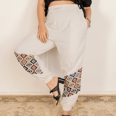 Women's Hopper Joggers | Cream With Patterned Patchwork | Fits Waist Sizes 30 to 38 Inches – Womens Pants on Brown Living™. SKU: H - 2_w12. Img 2.