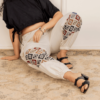 Women's Hopper Joggers | Cream With Patterned Patchwork | Fits Waist Sizes 30 to 38 Inches – Womens Pants on Brown Living™. SKU: H - 2_w12. Img 4.