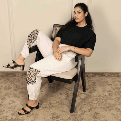 Women's Hopper Joggers | Cream With Patterned Patchwork | Fits Waist Sizes 30 to 38 Inches – Womens Pants by Hope - House of Pure Eco available on Brown Living™. . SKU: H - 2_w12. Img 1.