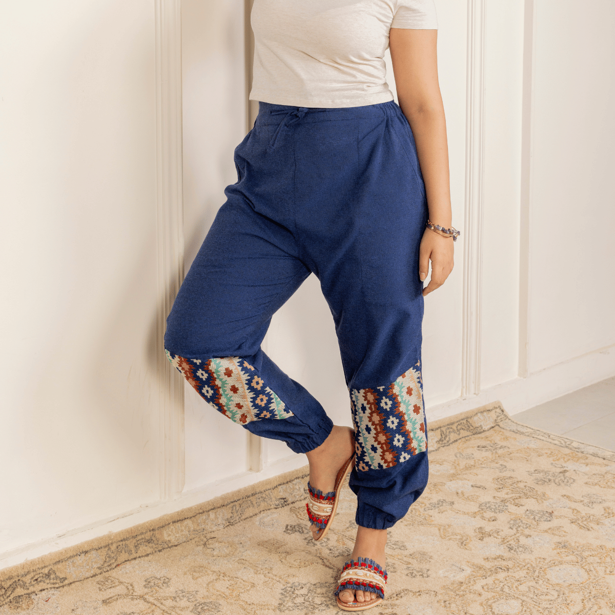 Women's Hopper Joggers | Dark Blue With Patterned Patchwork | Fits Waist Sizes 30 to 38 Inches – Womens Pants by Hope - House of Pure Eco available on Brown Living™. . SKU: H - 2_w11. Img 1.