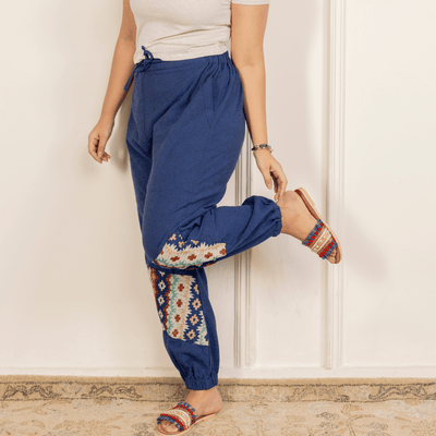 Women's Hopper Joggers | Dark Blue With Patterned Patchwork | Fits Waist Sizes 30 to 38 Inches – Womens Pants on Brown Living™. SKU: H - 2_w11. Img 2.