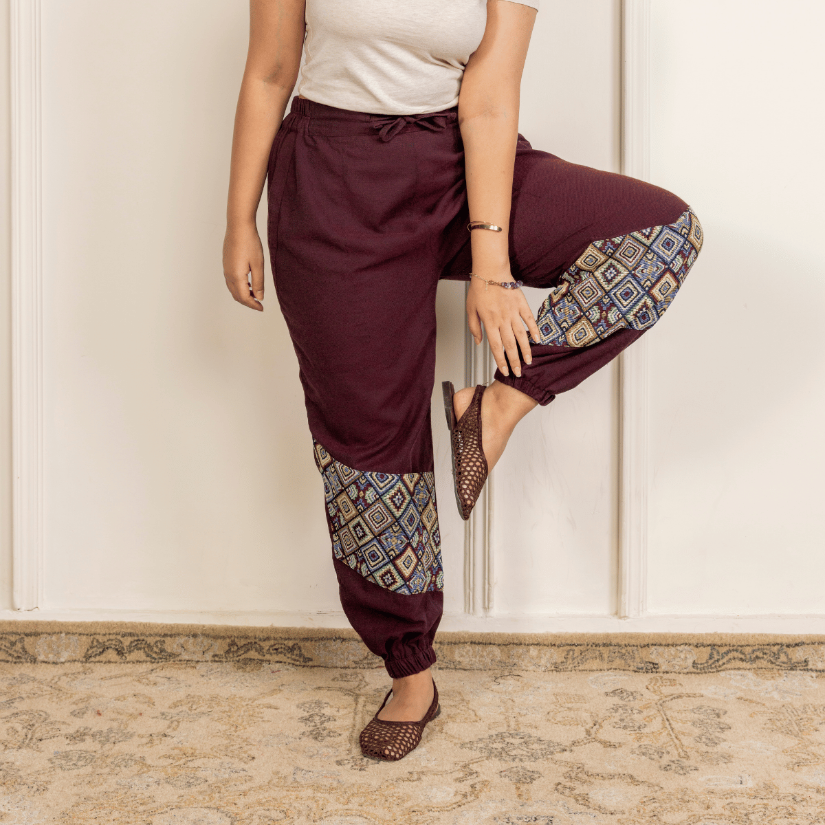 Women's Hopper Joggers | Maroon With Patterned Patchwork | Fits Waist Sizes 30 to 38 Inches – Womens Pants by Hope - House of Pure Eco available on Brown Living™. . SKU: H - 2_w14. Img 7.