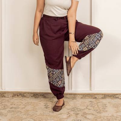 Women's Hopper Joggers | Maroon With Patterned Patchwork | Fits Waist Sizes 30 to 38 Inches – Womens Pants on Brown Living™. SKU: H - 2_w14. Img 7.