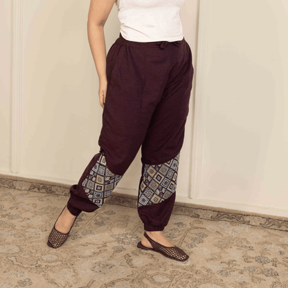 Women's Hopper Joggers | Maroon With Patterned Patchwork | Fits Waist Sizes 30 to 38 Inches – Womens Pants by Hope - House of Pure Eco available on Brown Living™. . SKU: H - 2_w14. Img 1.