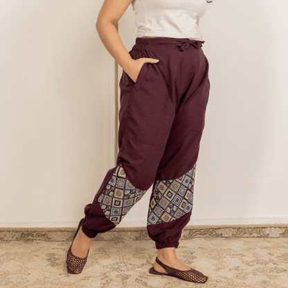 Women's Hopper Joggers | Maroon With Patterned Patchwork | Fits Waist Sizes 30 to 38 Inches – Womens Pants by Hope - House of Pure Eco available on Brown Living™. . SKU: H - 2_w14. Img 5.