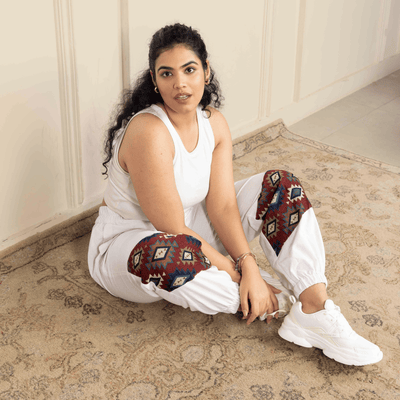 Women's Hopper Joggers | White With Patterned Patchwork | Fits Waist Sizes 30 to 38 Inches – Womens Pants on Brown Living™. SKU: H - 2_wWhite. Img 5.