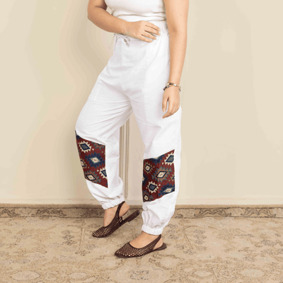 Women's Hopper Joggers | White With Patterned Patchwork | Fits Waist Sizes 30 to 38 Inches – Womens Pants on Brown Living™. SKU: H - 2_wWhite. Img 6.