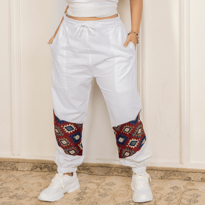 Women's Hopper Joggers | White With Patterned Patchwork | Fits Waist Sizes 30 to 38 Inches – Womens Pants on Brown Living™. SKU: H - 2_wWhite. Img 1.
