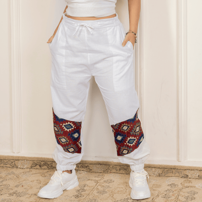 Women's Hopper Joggers | White With Patterned Patchwork | Fits Waist Sizes 30 to 38 Inches – Womens Pants by Hope - House of Pure Eco available on Brown Living™. . SKU: H - 2_wWhite. Img 1.