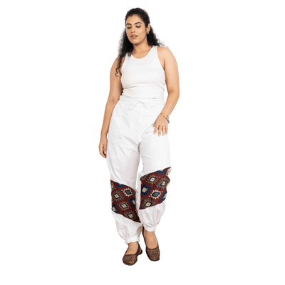 Women's Hopper Joggers | White With Patterned Patchwork | Fits Waist Sizes 30 to 38 Inches – Womens Pants on Brown Living™. SKU: H - 2_wWhite. Img 8.