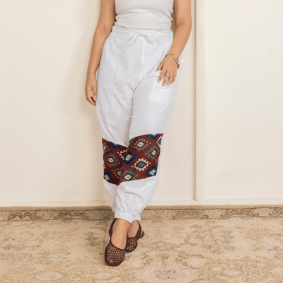 Women's Hopper Joggers | White With Patterned Patchwork | Fits Waist Sizes 30 to 38 Inches – Womens Pants on Brown Living™. SKU: H - 2_wWhite. Img 7.