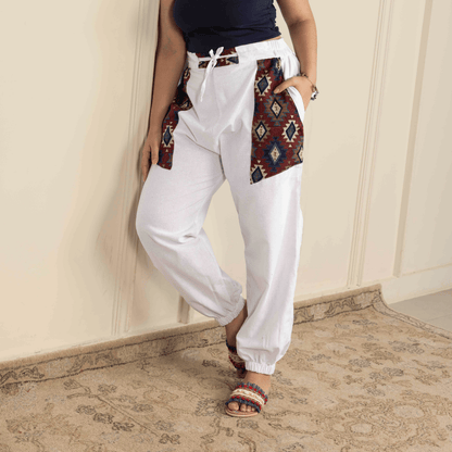 Women's Hopper Joggers | White With Pocket Patch| Fits Waist Sizes 30 to 38 Inches – Womens Pants by Hope - House of Pure Eco available on Brown Living™. . SKU: H - 1_wWhite. Img 6.