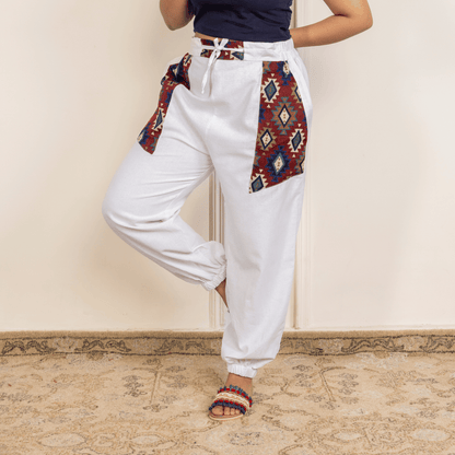 Women's Hopper Joggers | White With Pocket Patch| Fits Waist Sizes 30 to 38 Inches – Womens Pants by Hope - House of Pure Eco available on Brown Living™. . SKU: H - 1_wWhite. Img 1.