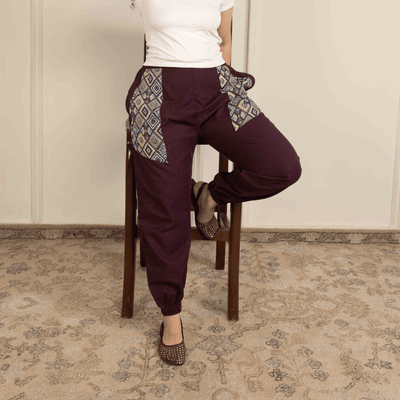 Women's Joggers | Maroon Pocket Patch | Fits Waist Sizes 30” to 38” – Womens Pants on Brown Living™. SKU: H - 1_w14. Img 10.