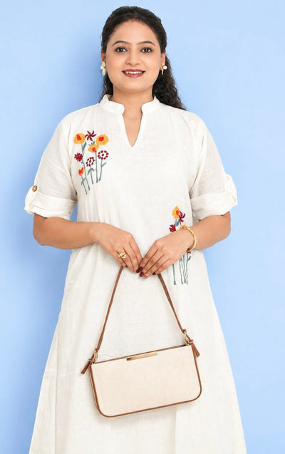 Women’s Off-White Yellow Floral Embroidered A-Line Kurti Dress – Womens Dress on Brown Living™. SKU: Yellow-Midi-dress. Img 2.