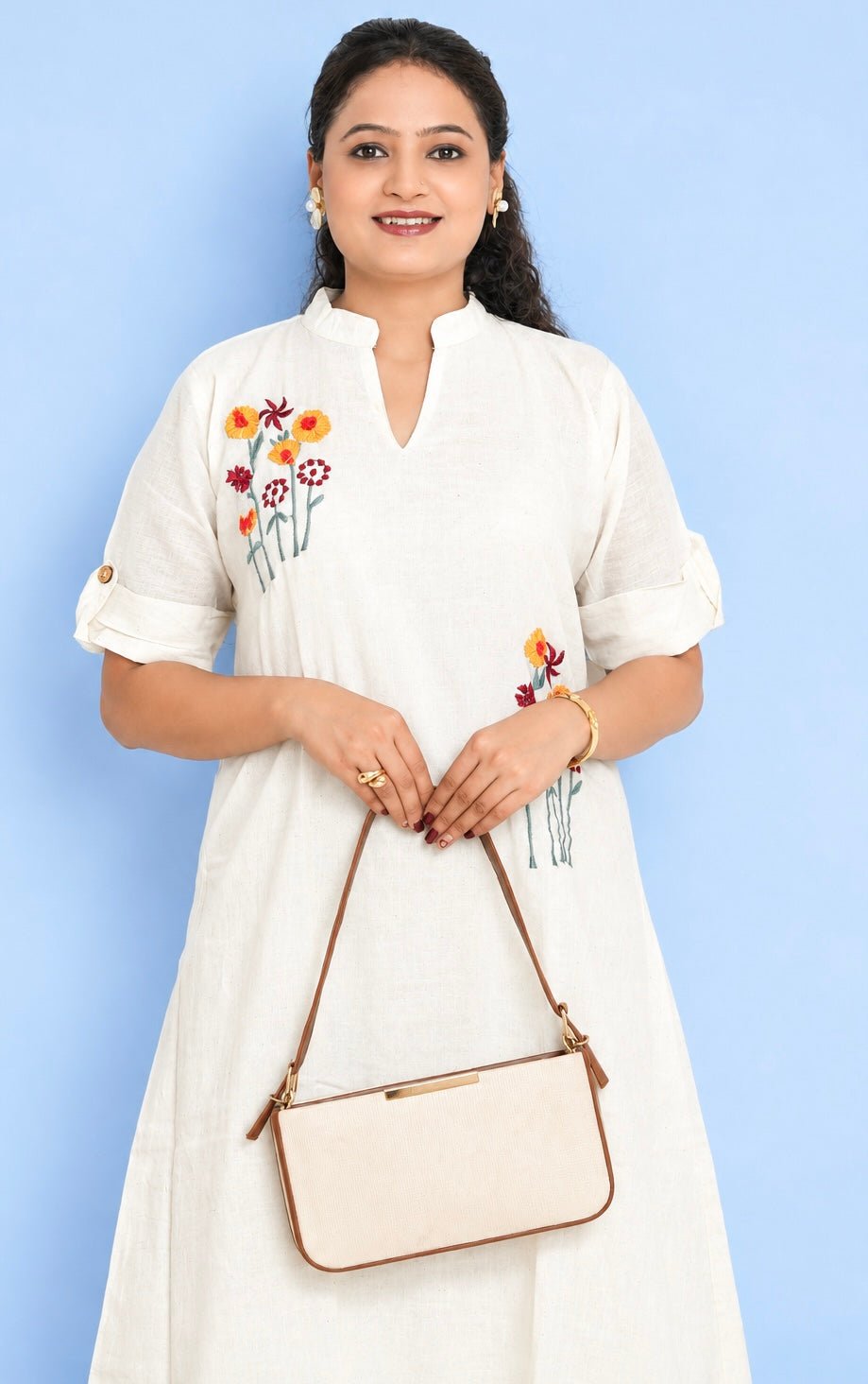 Women’s Off-White Yellow Floral Embroidered A-Line Kurti Dress – Womens Dress on Brown Living™. SKU: Yellow-Midi-dress. Img 2.