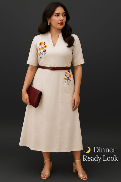 Women’s Off-White Yellow Floral Embroidered A-Line Kurti Dress – Womens Dress on Brown Living™. SKU: Yellow-Midi-dress. Img 3.