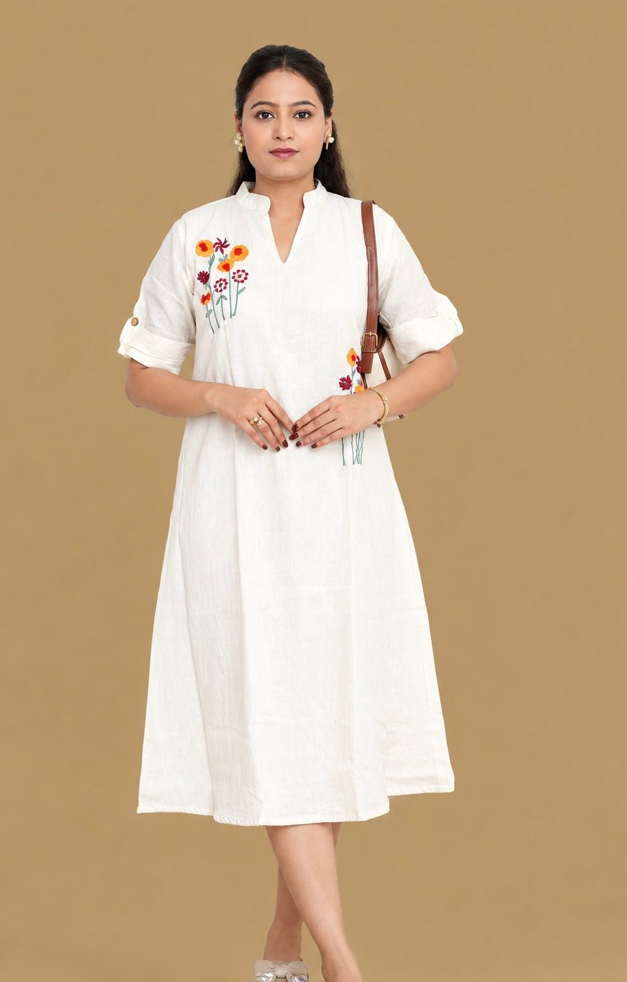 Women’s Off-White Yellow Floral Embroidered A-Line Kurti Dress – Womens Dress on Brown Living™. SKU: Yellow-Midi-dress. Img 1.