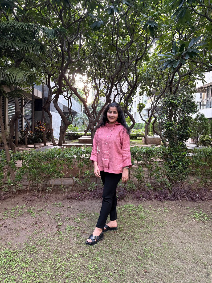 Women’s Pink Pearl Linen Shirt – Womens Blouse on Brown Living™. SKU: TCC-SW25-010-XS. Img 2.