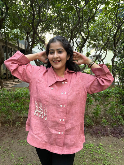 Women’s Pink Pearl Linen Shirt – Womens Blouse on Brown Living™. SKU: TCC-SW25-010-XS. Img 4.