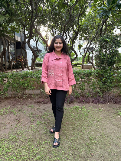 Women’s Pink Pearl Linen Shirt – Womens Blouse on Brown Living™. SKU: TCC-SW25-010-XS. Img 5.