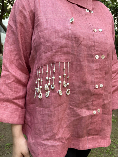 Women’s Pink Pearl Linen Shirt – Womens Blouse on Brown Living™. SKU: TCC-SW25-010-XS. Img 3.