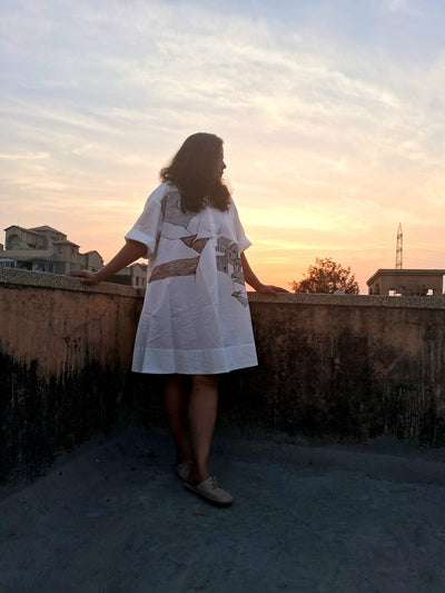 Women’s White Cotton Short Dress | 100% Cotton Casual Dress – Womens Dress on Brown Living™. SKU: MUDRAYAS1. Img 2.