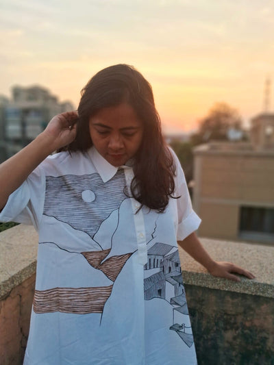 Women’s White Cotton Short Dress | 100% Cotton Casual Dress – Womens Dress on Brown Living™. SKU: MUDRAYAS1. Img 3.