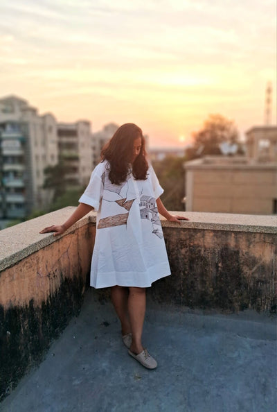 Women’s White Cotton Short Dress | 100% Cotton Casual Dress – Womens Dress on Brown Living™. SKU: MUDRAYAS1. Img 4.