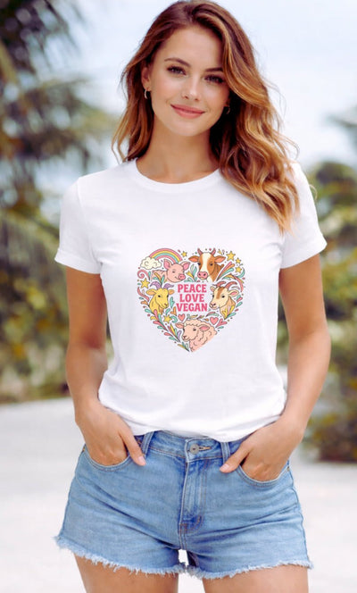Women’s White Cotton T-Shirt | Relaxed Fit Vegan Graphic Tee – Womens T-Shirt on Brown Living™. SKU: N-love-peace-vegan-White-S. Img 1.