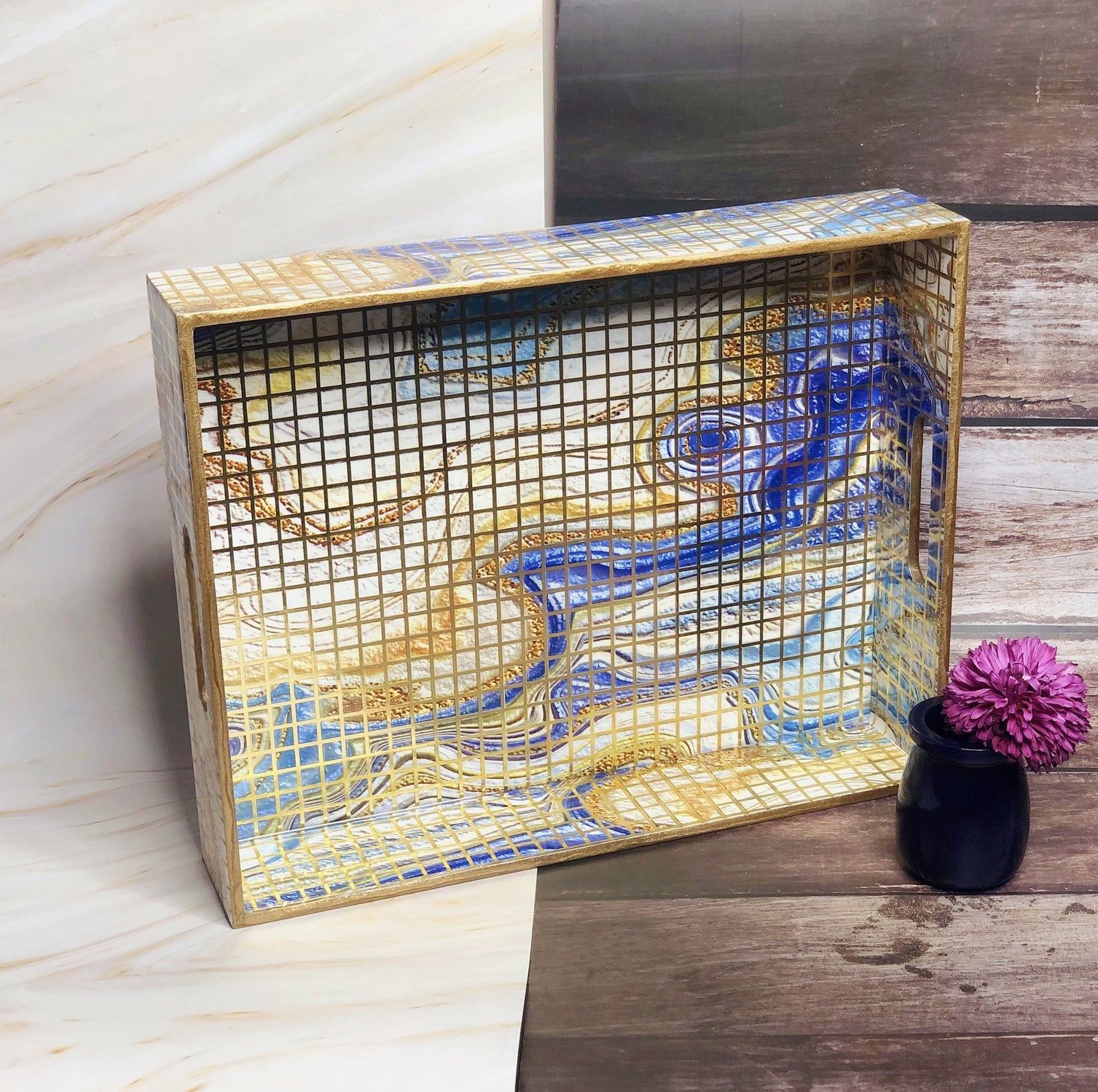 Wooden Gold Foil Tray with Agate Print | Handcrafted Decorative Servin – Trays & Platters on Brown Living™. SKU: MJ00116TY. Img 1.