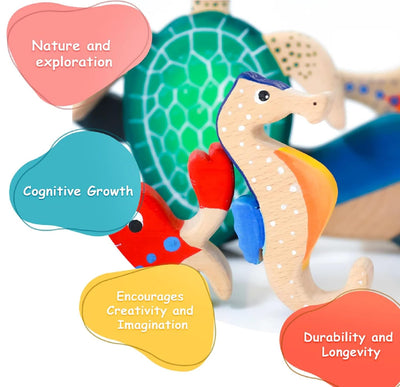 Wooden Ocean Animal Toys Set – Handcrafted Neem Wood Sea Creatures – Learning & Educational Toys on Brown Living™. SKU: sea - ani. Img 3.